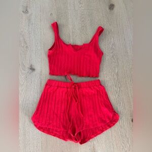 Vibrant Red Ribbed Top and Shorts Set size XS